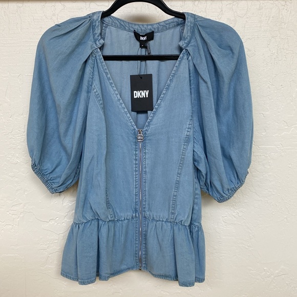DKNY Chambray V-Neck Zip Front Top - Picture 1 of 6